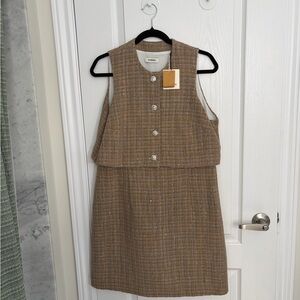 NWT Sandro Gold-Beige Tweed Dress Set with Crystal Buttons